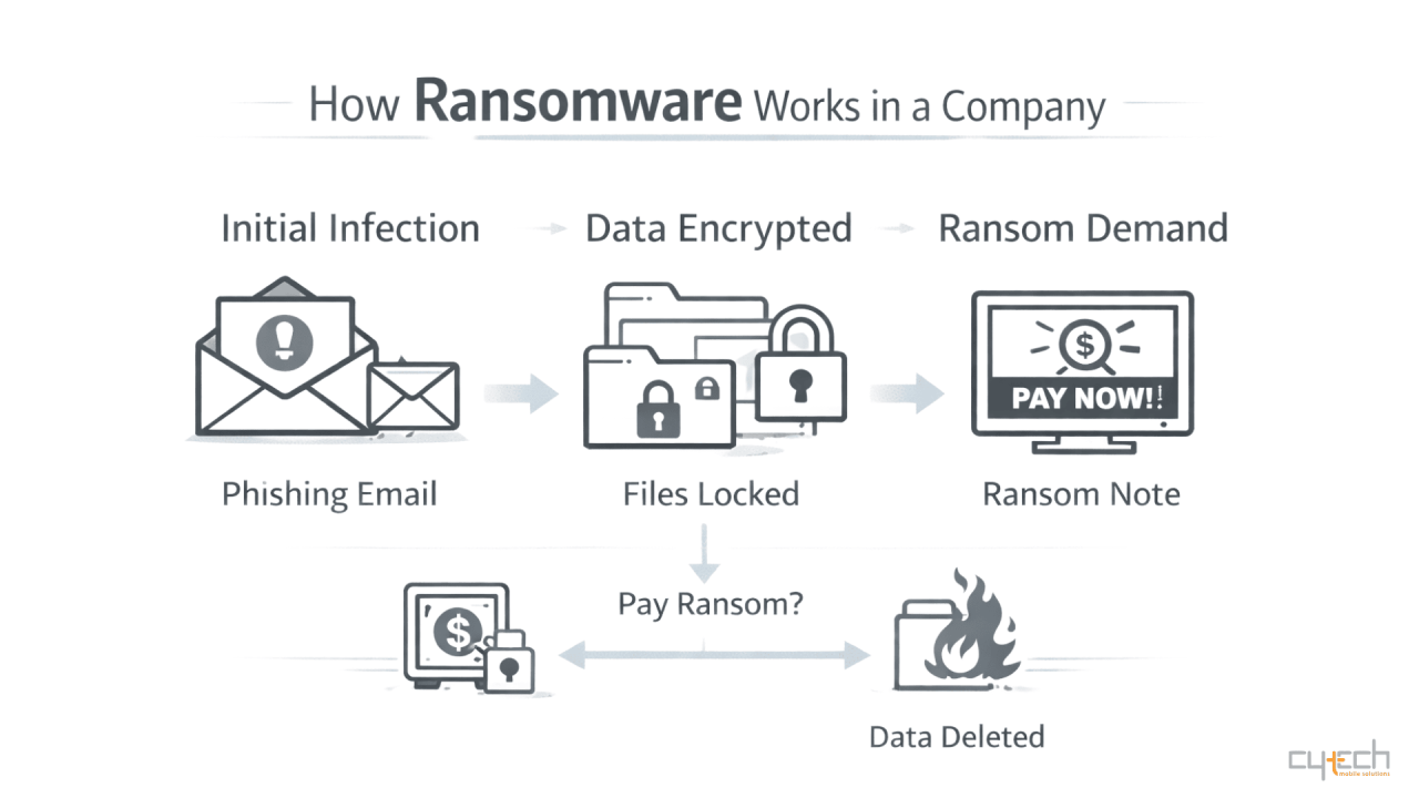 Διάγραμμα που εξηγεί πώς λειτουργεί το ransomware σε μια επιχείρηση, από το phishing email έως την κρυπτογράφηση δεδομένων και το αίτημα λύτρων