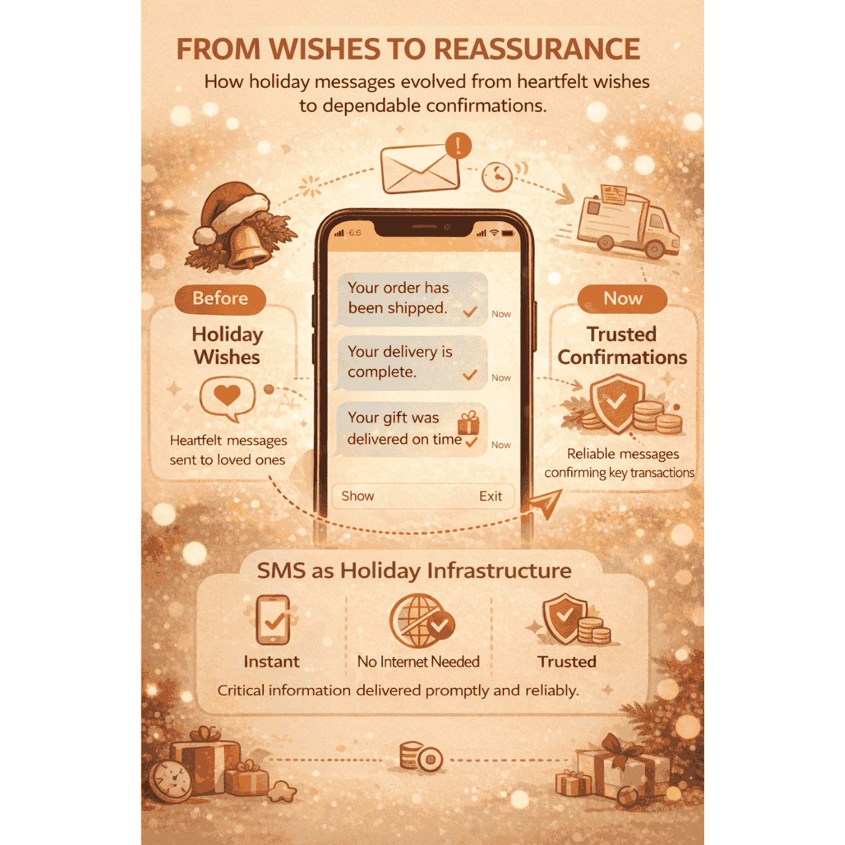A festive, gold-toned infographic titled "From Wishes to Reassurance" comparing the evolution of holiday SMS messages. It contrasts "Before" (heartfelt wishes) with "Now" (trusted delivery and payment confirmations) and highlights SMS as critical holiday infrastructure.