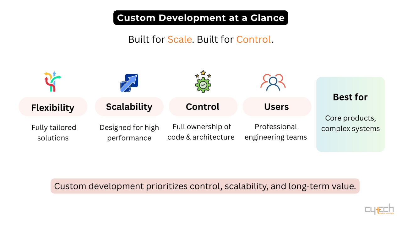Σύνοψη της custom ανάπτυξης λογισμικού με έμφαση στην ευελιξία, την κλιμάκωση και τον πλήρη έλεγχο του κώδικα