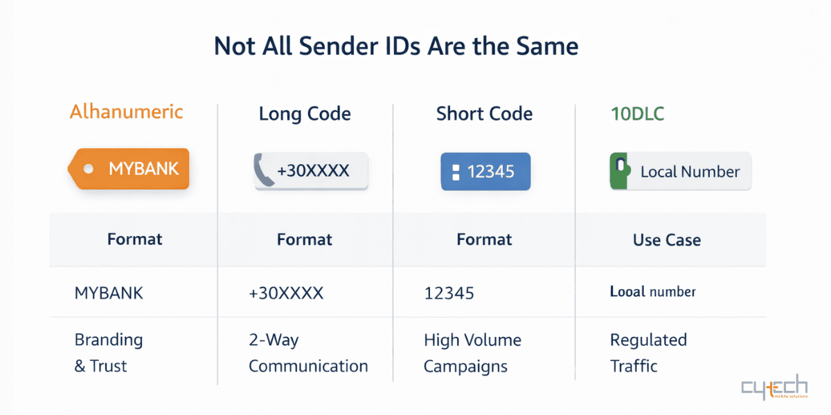 Τύποι Sender ID στα A2P SMS: alphanumeric, long code, short code και 10DLC με τα χαρακτηριστικά και τις χρήσεις τους