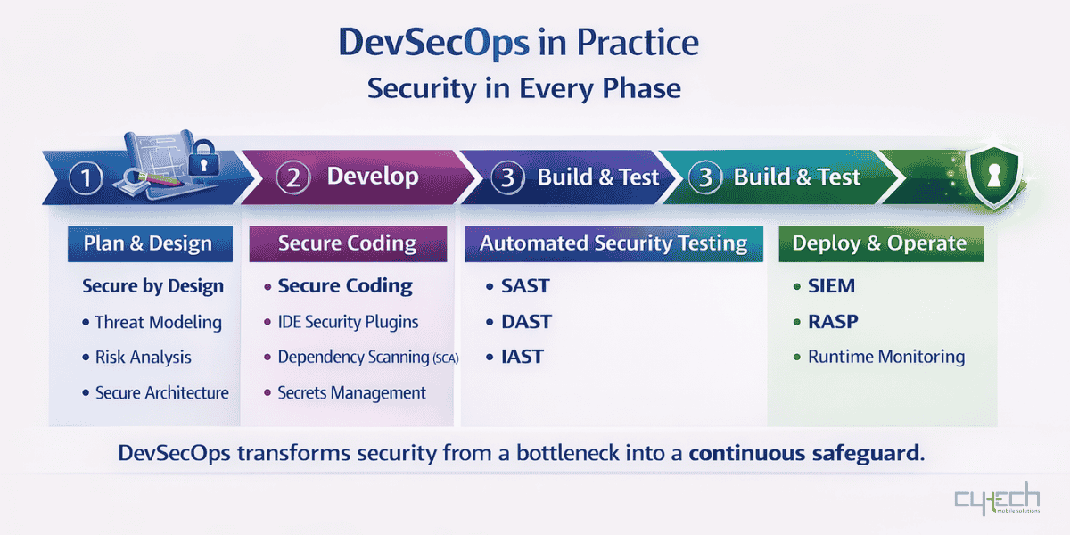 A chevron-style process diagram outlining the four phases of DevSecOps: Plan & Design, Secure Coding, Automated Security Testing, and Deploy & Operate, along with the specific security practices used in each phase.