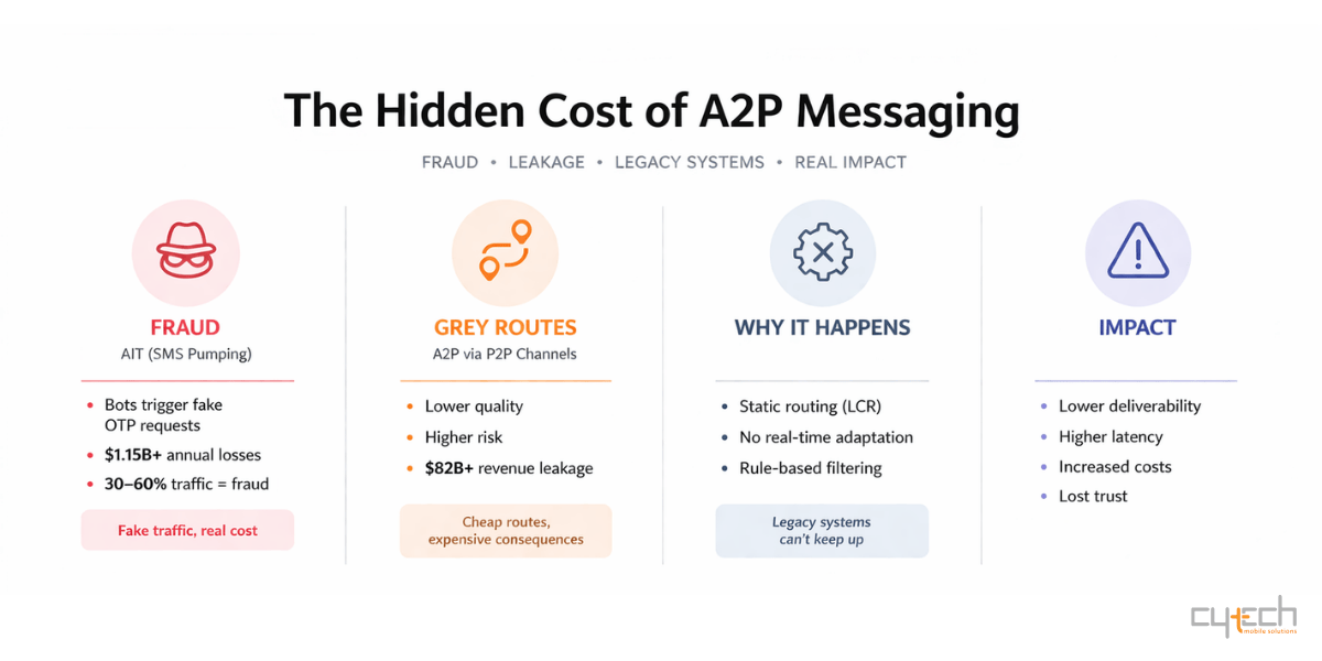 Infographic titled "The Hidden Cost of A2P Messaging" broken down into four categories: Fraud, Grey Routes, Why It Happens, and Impact, detailing financial losses and system vulnerabilities, with data provided by Cytech Mobile Solutions. AI
