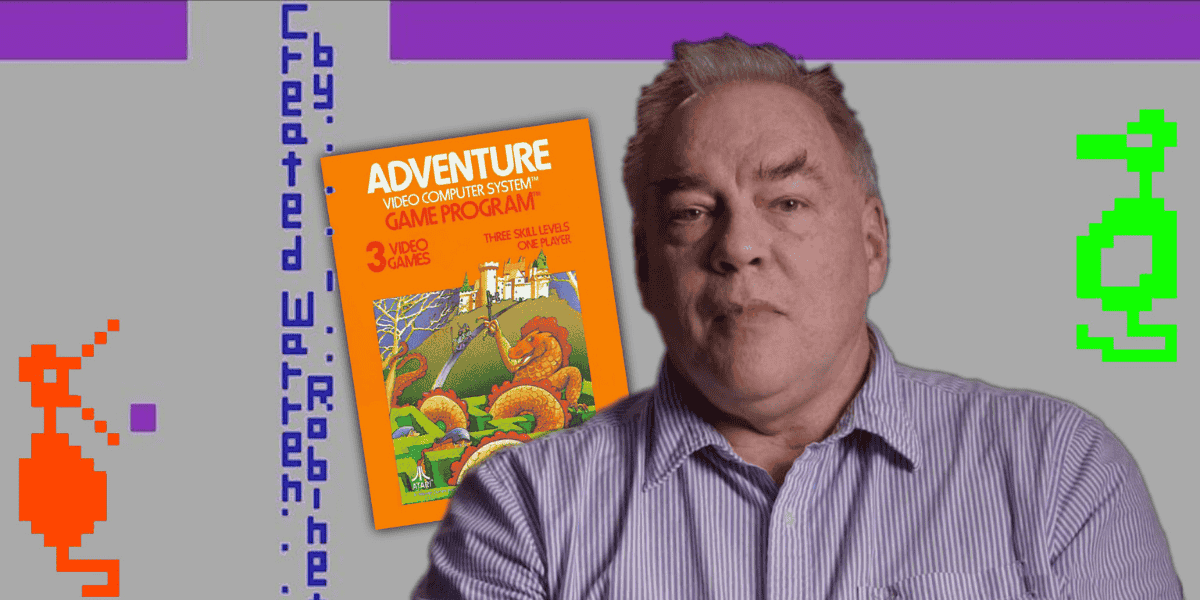 A composite image featuring a portrait of game designer Warren Robinett next to the orange box art for the Atari 2600 game "Adventure". The grey background includes pixelated graphics from the game, such as colored dragons, a square avatar, and vertical text reading "Created by Warren Robinett."