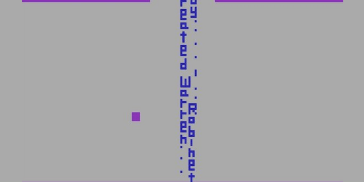 A retro video game screenshot featuring a grey background, a small purple square on the left, and vertical, 8-bit purple text reading "Created by Warren Robinett" down the center.