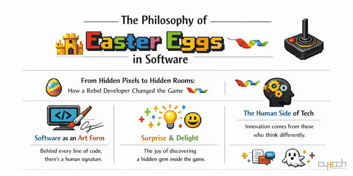 An infographic titled "The Philosophy of Easter Eggs in Software," featuring retro 8-bit pixel art graphics. It is divided into sections exploring concepts like "Software as an Art Form," "Surprise & Delight," and "The Human Side of Tech," alongside icons of a castle, a joystick, a computer monitor, and a lightbulb.