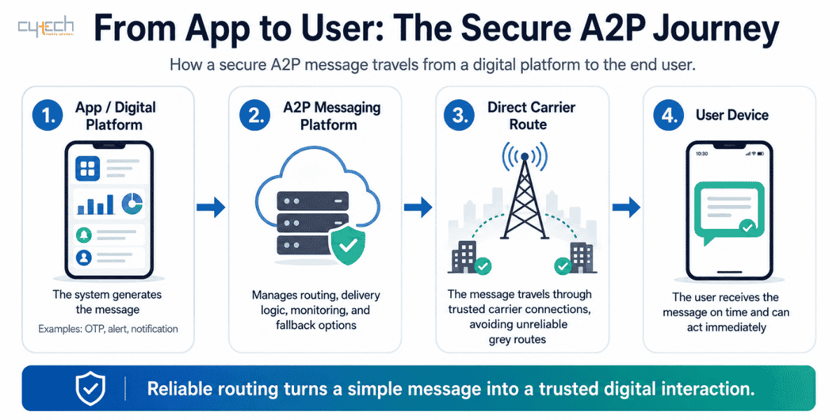 Infographic showing the secure A2P messaging journey from digital platform to A2P messaging platform, direct carrier route, and final user device.