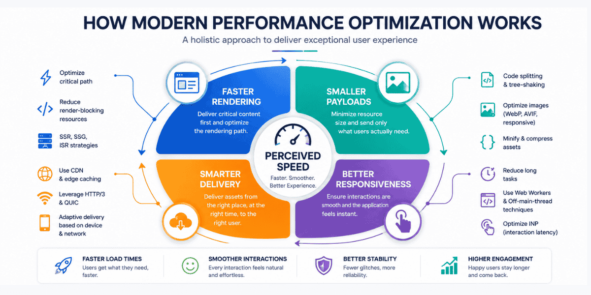 Infographic explaining modern performance optimization through faster rendering, smaller payloads, smarter delivery, and better responsiveness.