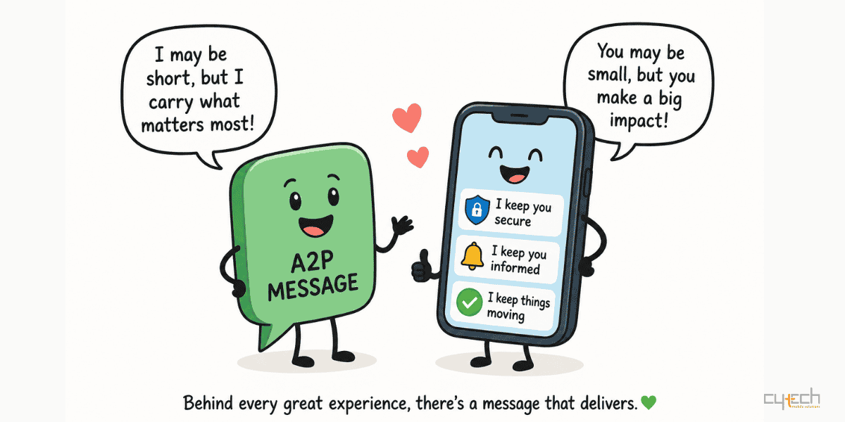 Cartoon-style illustration of an A2P message and a smartphone highlighting how short messages can deliver security, information, and trusted digital experiences.