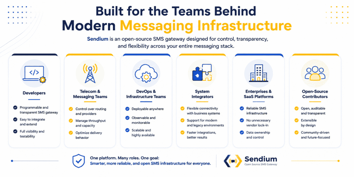 Sendium target users infographic showing developers, telecom and messaging teams, DevOps teams, system integrators, enterprises, SaaS platforms, and open-source contributors using Sendium for modern SMS infrastructure.