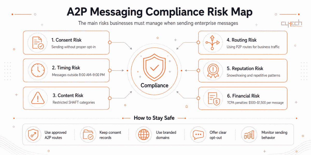 A2P messaging compliance risk map showing consent, timing, content, routing, reputation, and financial risks for enterprise messaging.