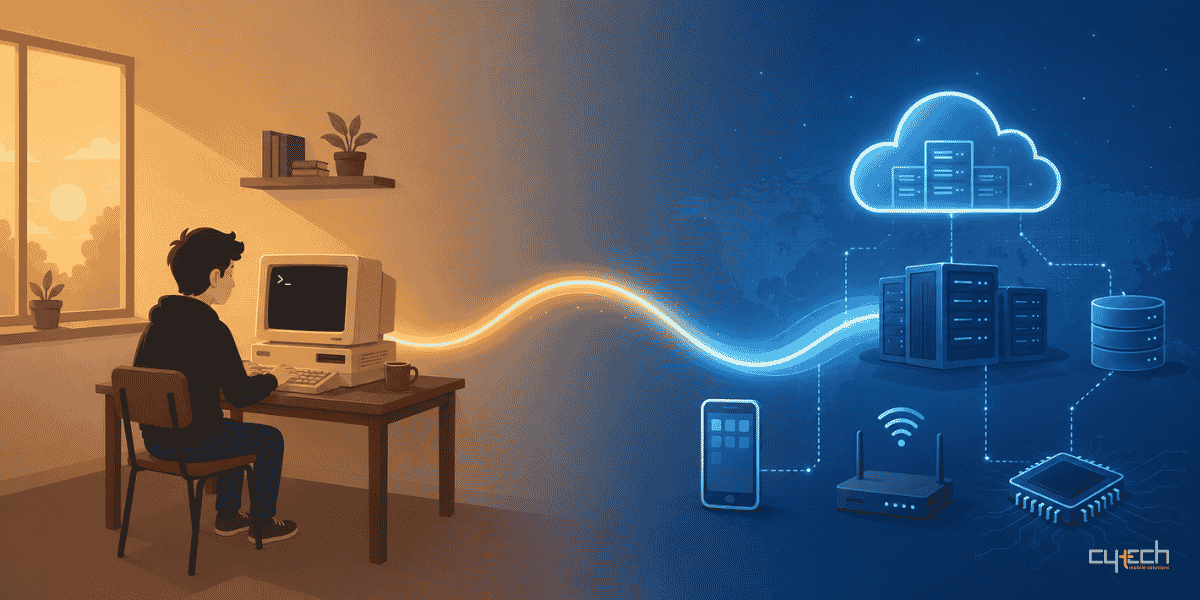 Illustration showing the evolution of Linux from a personal computer project to modern cloud, server, mobile and connected digital infrastructure.