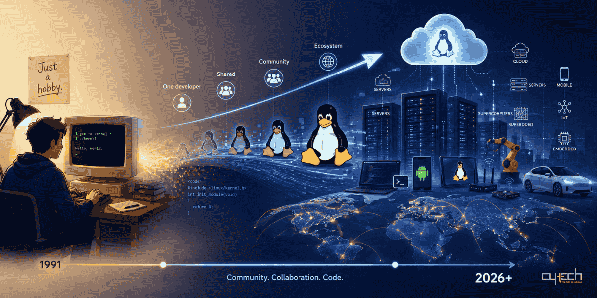 Illustration showing the evolution of Linux from a small 1991 hobby project into a global open-source ecosystem powering modern digital infrastructure.