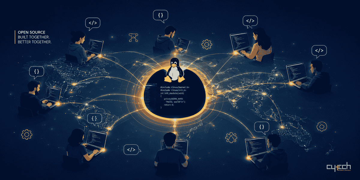 Global open-source developer community collaborating around Linux, connected through code and a worldwide digital network.